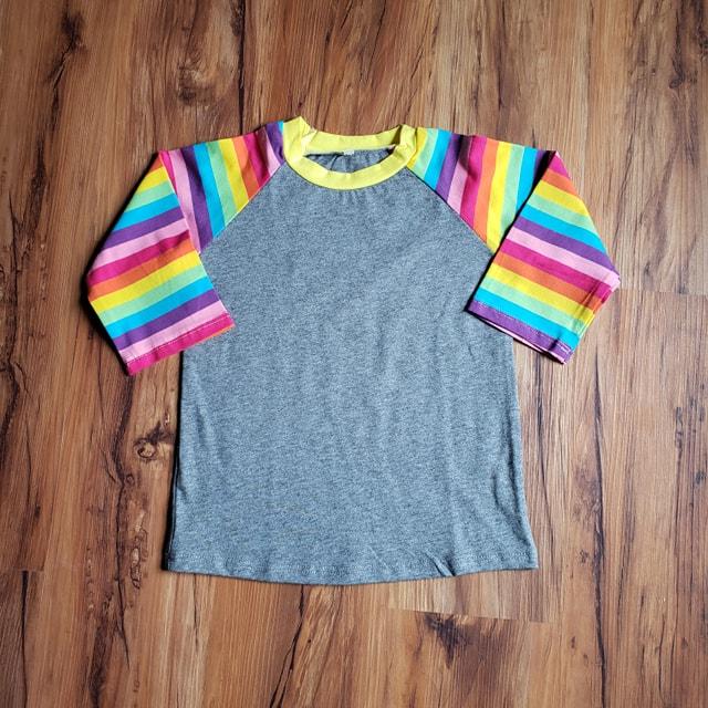 Rainbow Raglan 3/4 Sleeve Kids Shirt - Grey Cotton Body